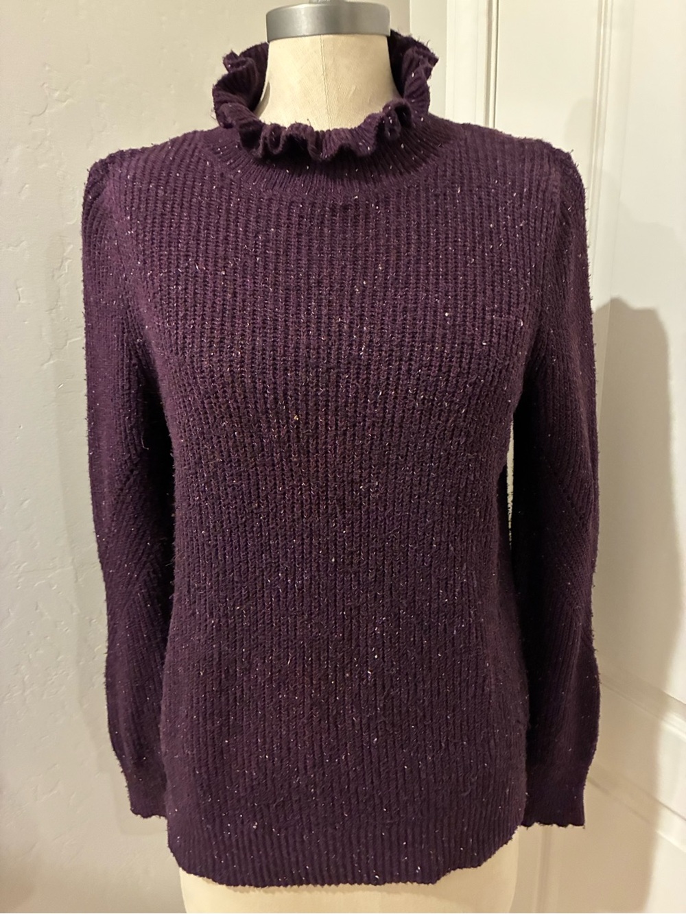LOFT Plum Ruffled Mock Neck Sweater with Metallic Flecks size M